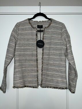Storia Ivory and Black Fringe Tweed Blazer Size S NWT